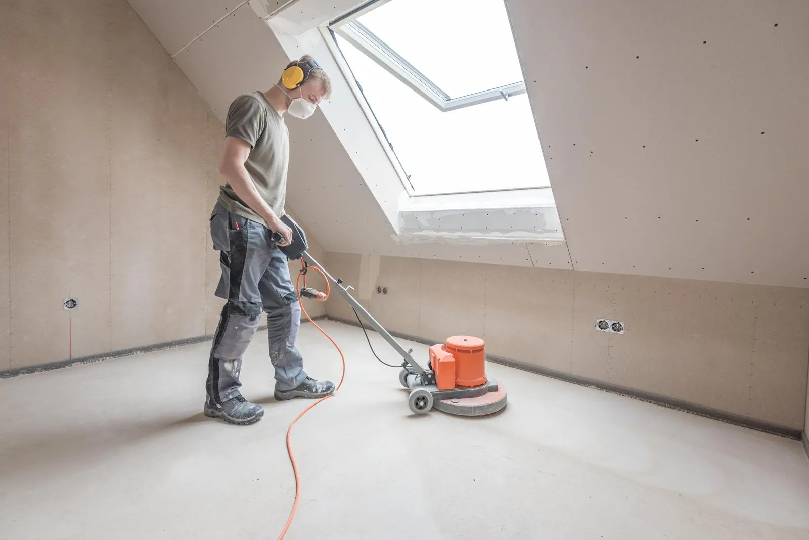 Handwerker bearbeitet einen Boden in einem Dachgeschoss